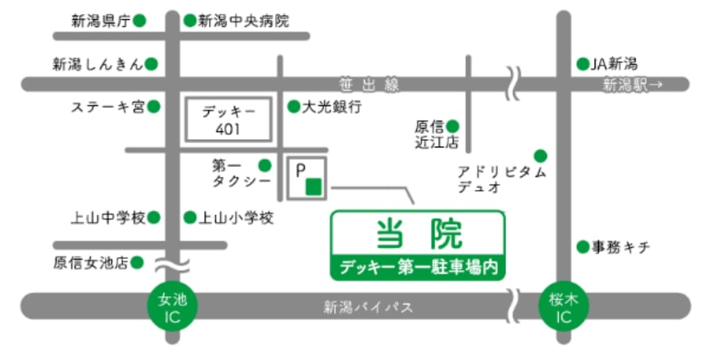 できじまクリニックへのアクセス地図。新潟市周辺の道路（笹出線、新潟バイパス）と主要なランドマークを示し、当院の位置（デッキー第一駐車場内）を表示している。